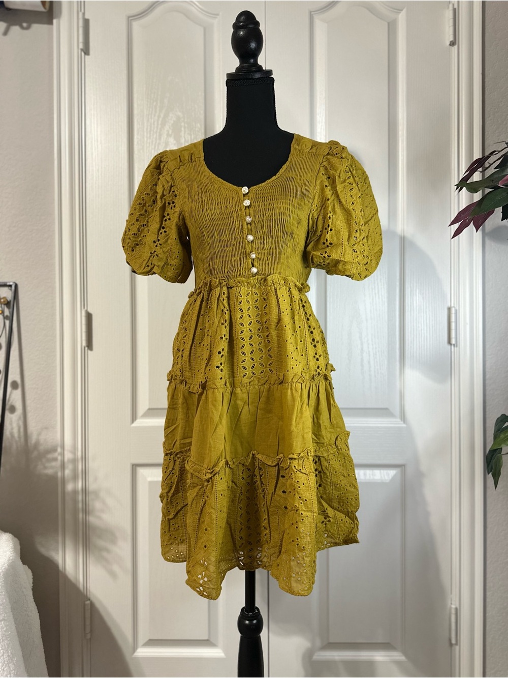 Mustard Eyelet Puff-Sleeve Tiered Dress